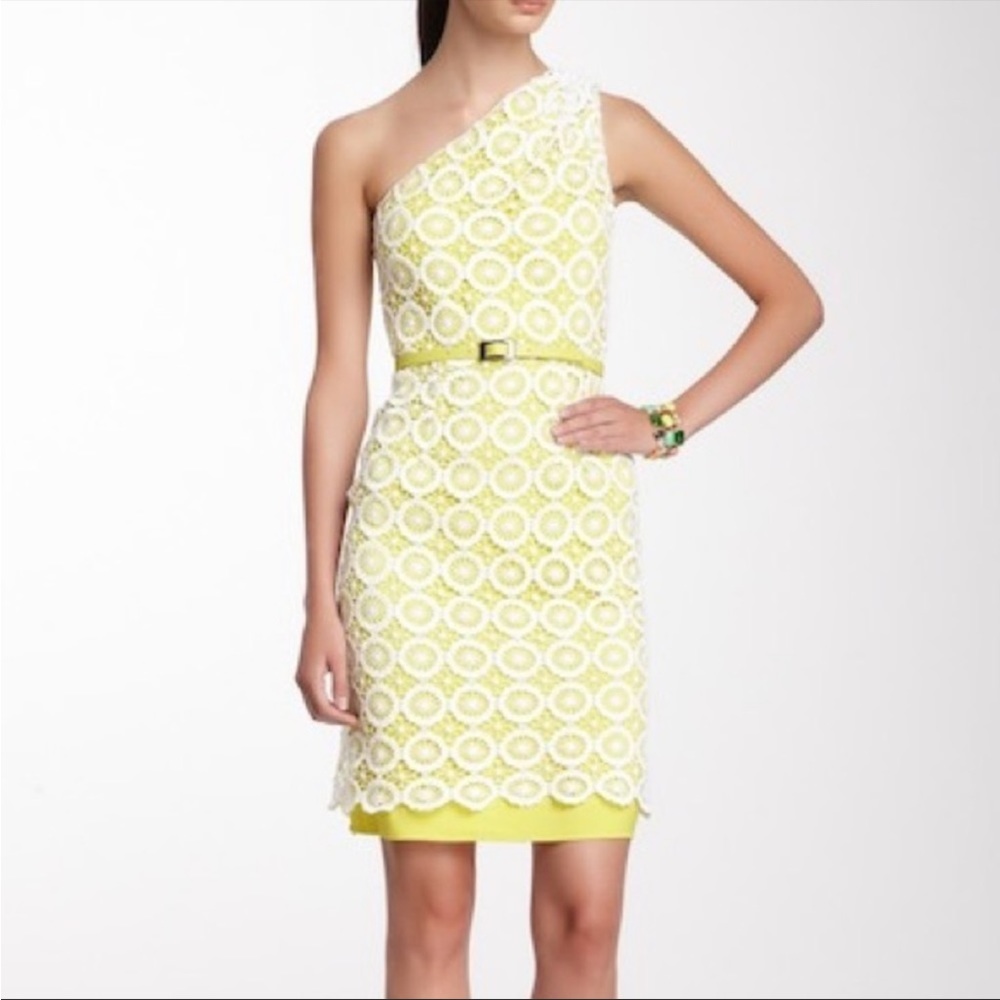 Vince Camuto One Shoulder Crochet Lace Overlay Asymmetrical Dress Size 10